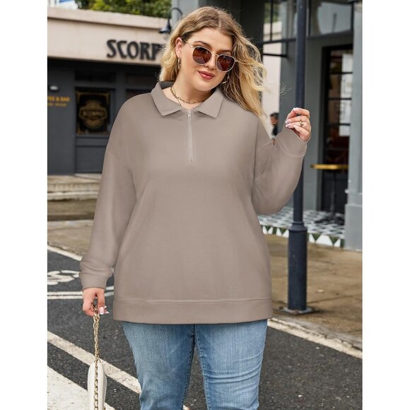 Plus Size Sweatshirt Women Polyester Spandex Pockets Quarter Zip Oversized - Picture 6 of 7